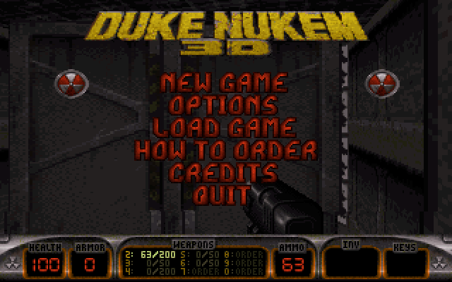 Duke Nukem 3D (1996) main menu running in DOSBox