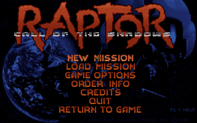 Raptor: Call of the Shadows (1994) title screen running in DOSBox