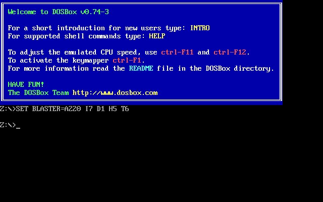 DOSBox emulator running with DOS command prompt