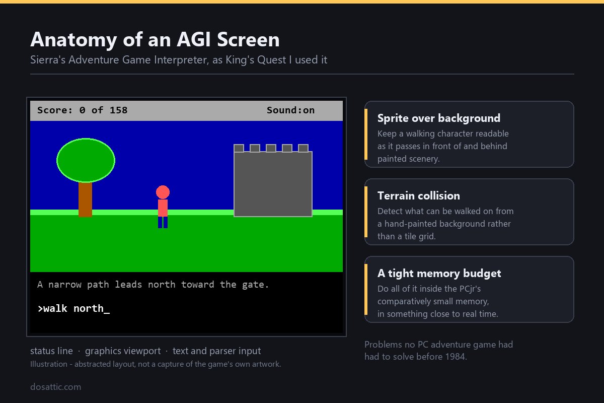 Diagram of the King's Quest I AGI screen: status line, graphics viewport and parser input