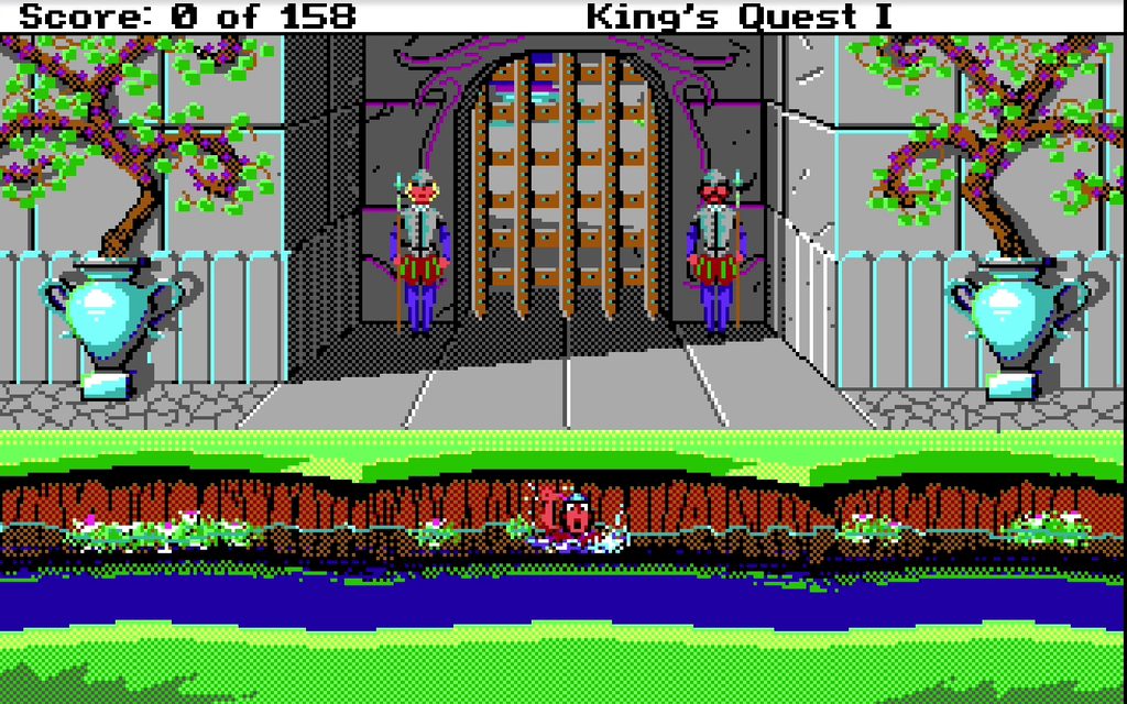 King's Quest I: Quest for the Crown DOS screenshot of the castle gate and moat