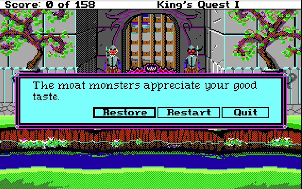 King's Quest I: Quest for the Crown death message with Restore, Restart and Quit