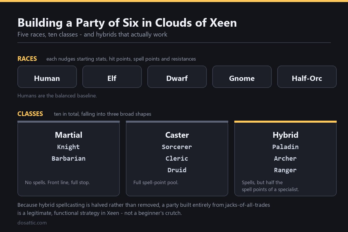 Diagram of Might and Magic IV: Clouds of Xeen party races and class groups