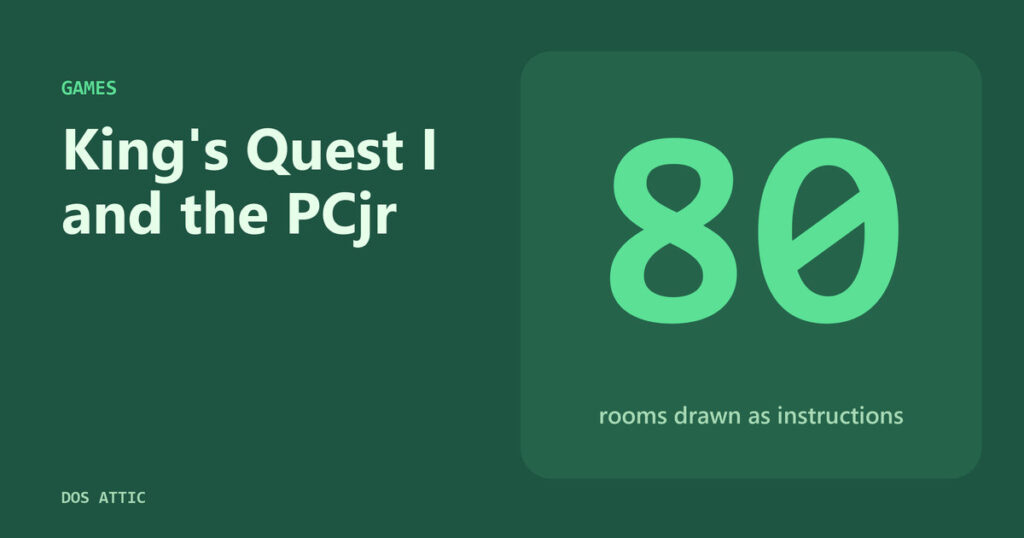 Green glyph title card with the number 80 for the rooms of King's Quest drawn as instructions.