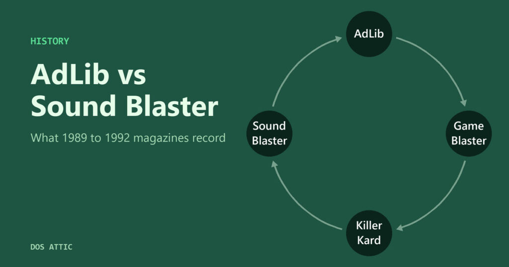 Green title card reading AdLib vs Sound Blaster with a ring of four sound cards.
