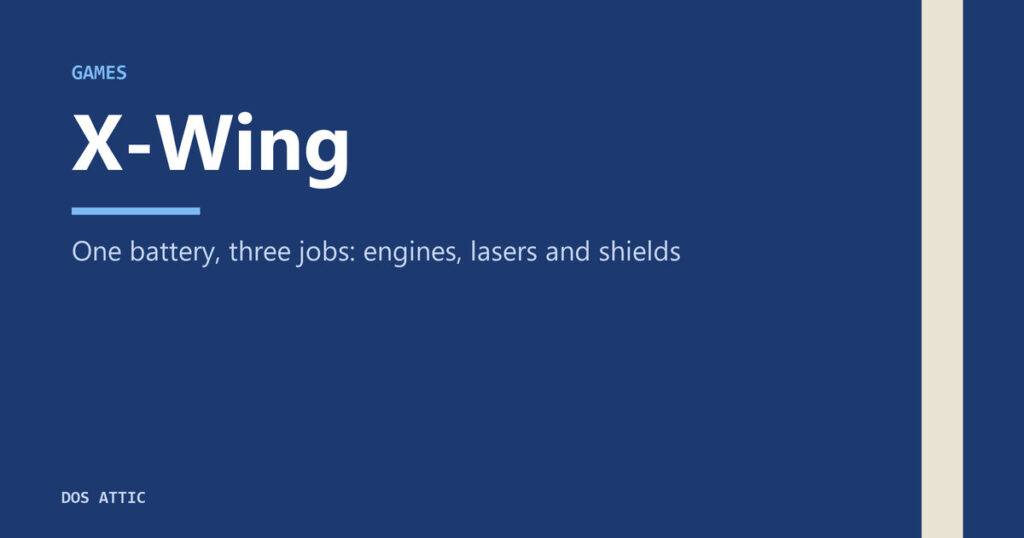 Blue editorial title card reading X-Wing with the subtitle One battery, three jobs: engines, lasers and shields