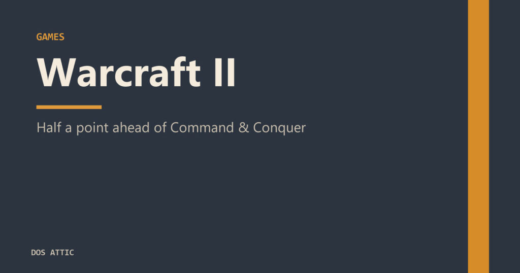 Editorial title card reading Warcraft II with the line about a half-point lead over Command & Conquer in the 1996 reader polls.